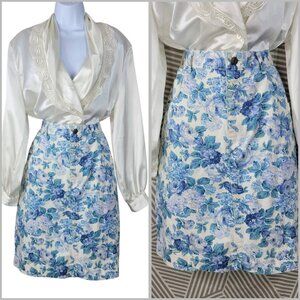 Vintage 90s Denim Pencil Skirt Size 16 31" Waist Floral Short Made in USA Alt